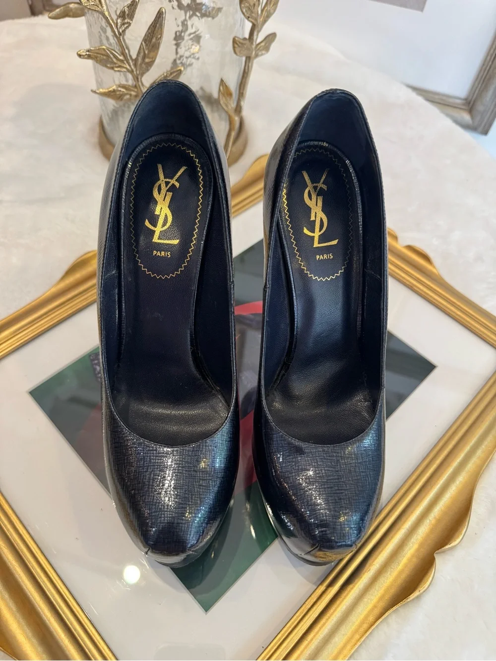 Saint Laurent Navy Textured Leather Platform Pumps - Picture 9 of 9